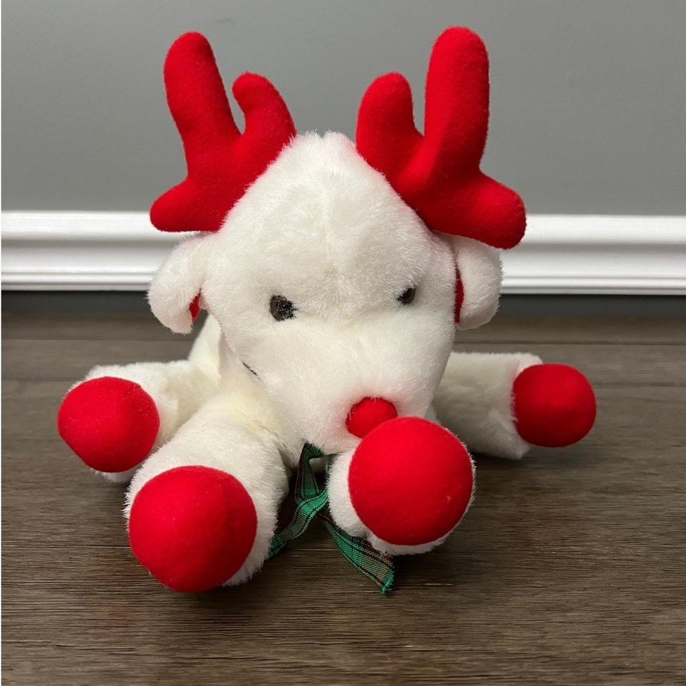 Vintage PBC International White Reindeer Plush Red Antlers Christmas Holiday Toy